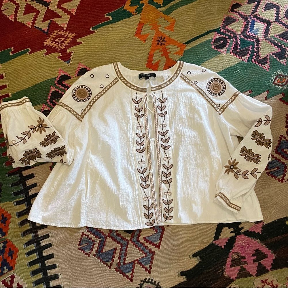 RD & Koko Anthropologie White/Brown Embroidered Peasant Jacket Sz-L